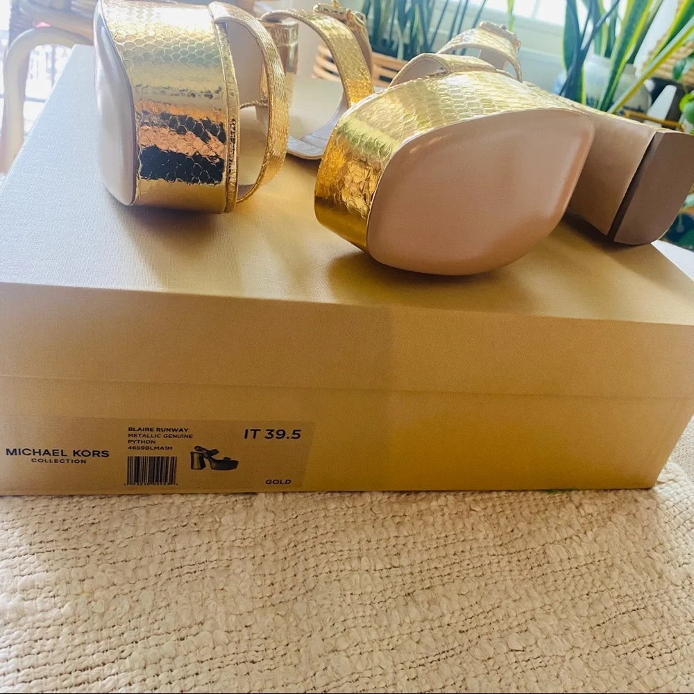Michael KORS Collection Blaire Metallic Gold Python Platform Snakeskin Sandals